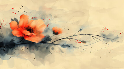  a painting of an orange flower on a branch with watercolor paint splatches on the back of it.