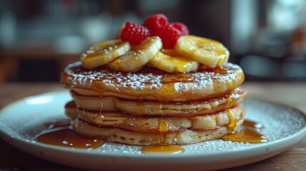  a stack of pancakes on a plate topped with bananas, raspberries, syrup, and powdered sugar.