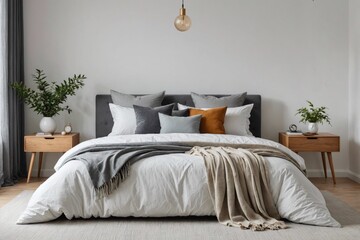 Cushions with blanket arranged on comfortable bed against white walls in contemporary bedroom at home