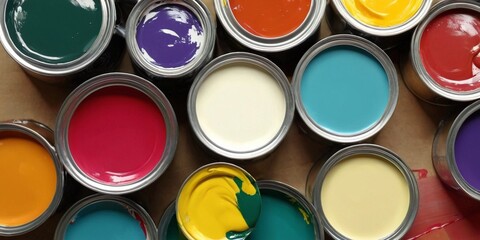 Cans of paint on a wooden background.