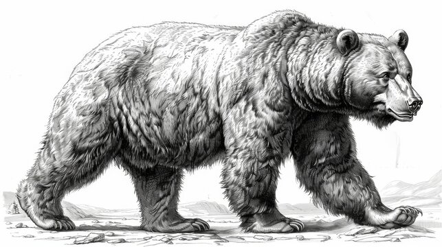  a black and white drawing of a bear walking on the ground with a mountain in the back ground behind it.