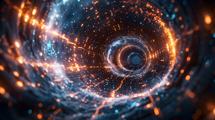 Digital flat structure future tunnel, dark sky blue bronze style, future concept, starry sky, future 3d, , cyberpunk style.For posters, covers, technology