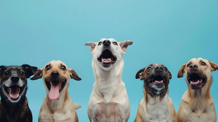 Banner six hungry dogs looking up begging food. Isolated on blue background
