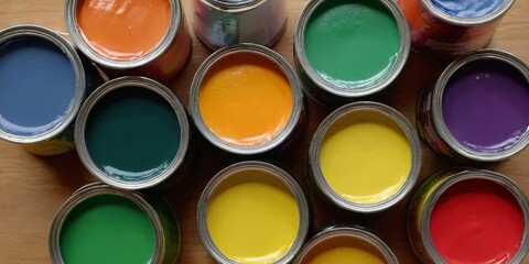 Colorful paint cans on a wooden table, can be used as background.