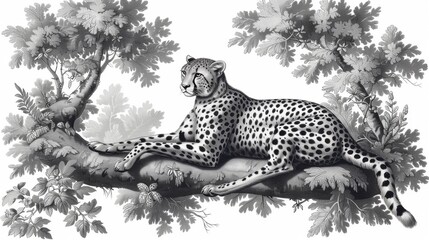  a black and white drawing of a cheetah resting on a tree branch with a bird in the background.