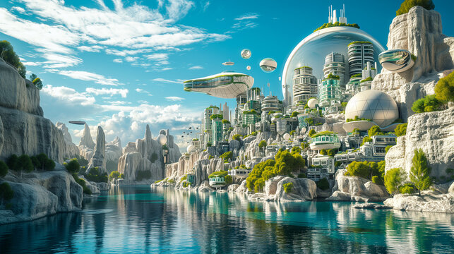 Sustainable Futuristic Mountain City Architecture. Biotech Green Design. New Energy Sources. Addressing Ecology, Climate Change, Overpopulation.