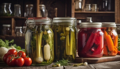 Pickled vegetables in jars - Generative AI. - obrazy, fototapety, plakaty