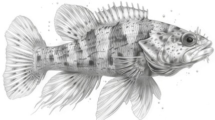  a black and white drawing of a fish with a long tail and a black and white line drawing of a fish with a black and white line drawing of a fish. - obrazy, fototapety, plakaty