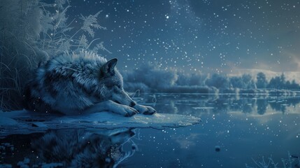 A Serene Scene of the Elder Wolf by the Frozen Lake