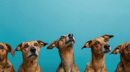Banner six hungry dogs looking up begging food. Isolated on blue background - obrazy, fototapety, plakaty