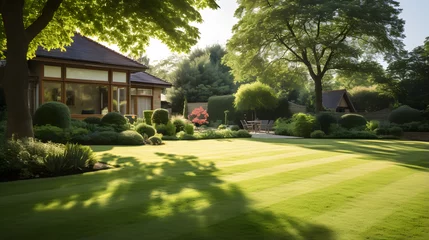 Foto op Aluminium green lawn and landscaping with trees and shrubs © Oleksandr