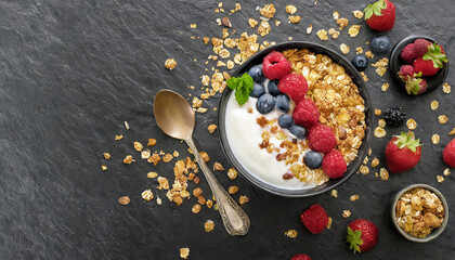 Obraz na płótnie Canvas Healthy Breakfast Bowl with Yogurt, Fresh Berries, and Crunchy Granola on a Stylish Black bowl