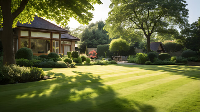 green lawn and landscaping with trees and shrubs