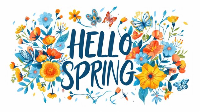 Spring logotype. Lettering Hello spring with flower and butterfly for greeting card, invitation template, sketch hand logo on white isolated background. 