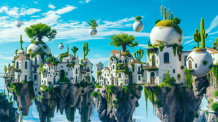Sustainable Futuristic Flying City in the Sky. Biotech Green Design. New Energy Sources. Addressing Ecology, Climate Change, Overpopulation. Artificial Islands, Levitating Architecture, Smart Living.  - obrazy, fototapety, plakaty