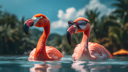 hot pink flamingos in sunglasses in a tropical atmosphere - obrazy, fototapety, plakaty