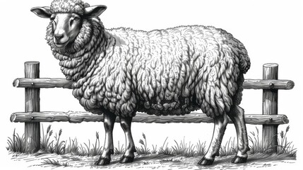  a black and white drawing of a sheep standing in front of a wooden fence with grass in the foreground.