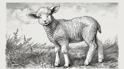  a black and white drawing of a sheep standing in a field of grass and weeds with a cloudy sky in the background.