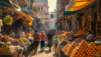 A bustling outdoor market with vendors selling fresh fruits, exotic spices, and handmade crafts amidst lively chatter and the aroma of street food - obrazy, fototapety, plakaty