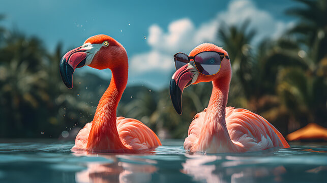 Fototapeta hot pink flamingos in sunglasses in a tropical atmosphere