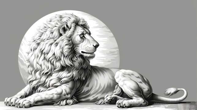  a black and white drawing of a lion laying on the ground with an egg in the middle of it's body.