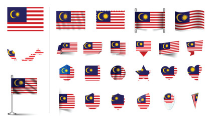set of Malaysia flag, flat Icon set vector illustration. collection of national symbols on various objects and state signs. flag button, waving, 3d rendering symbols, and flag on map symbols
