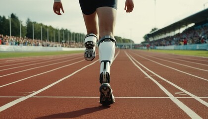 A dynamic image capturing the lower half of an athlete with a prosthetic leg sprinting on a track,...