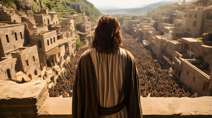 Fototapeta premium jesus standing in front of an old city of jerusalem while the crowd looks on