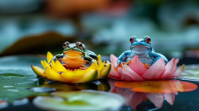 frogs sit on colorful water lilies