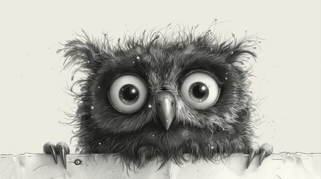  a black and white photo of an owl with big eyes peeking out from behind a piece of paper with a hole in it.