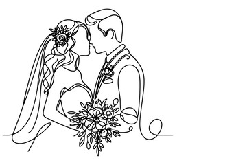 One continuous single drawing black line art doodle wedding couple bride and groom outlne vector illustration on white background - obrazy, fototapety, plakaty