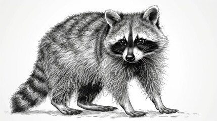  a black and white drawing of a raccoon looking at the camera with a sad look on its face.
