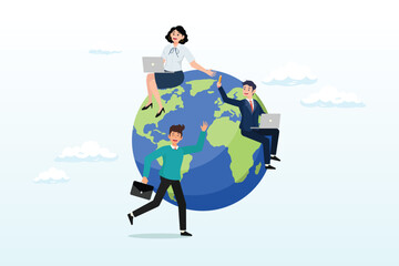 Business people sitting around world map on globe working with online computer, work from anywhere around the world, remote working or freelance, international company or global business (Vector)