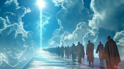 the turn of people at the gates of paradise in heaven to the God - obrazy, fototapety, plakaty