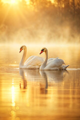 Golden sunrise with serene swans. Perfect for wedding invitation , wellness spaces, calming imagery for meditation and relaxation. 