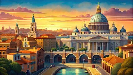 Stylized sunset cityscape with historical landmarks - An artistic rendering showcases a picturesque cityscape with prominent historical and religious buildings bathed in the warm hues of sunset - obrazy, fototapety, plakaty