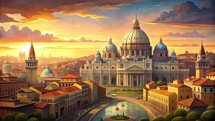 Golden hour city view with famous religious site - Golden sunlight illuminates the skyline, highlighting the St Peter's Basilica and other historical buildings in a city known for its rich religious a - obrazy, fototapety, plakaty