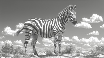 Fototapeta premium a black and white photo of a zebra standing in the middle of a field with fluffy clouds in the background.
