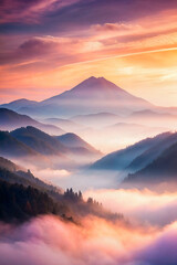 Serene sunrise over mist-covered mountains. Perfect for nature themes, travel brochures, meditation backdrops, and environmental articles.