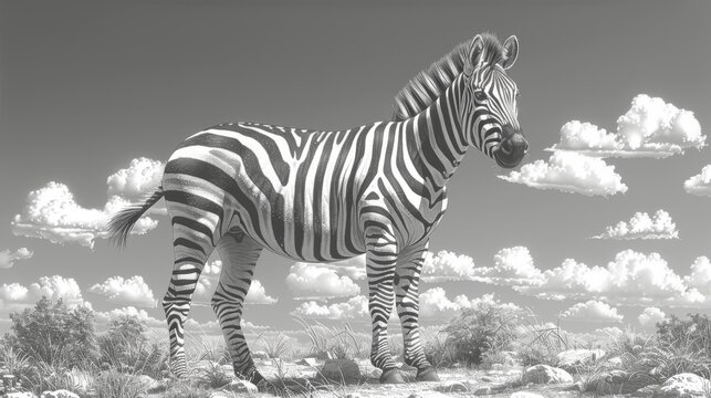  a black and white photo of a zebra standing in the middle of a field with fluffy clouds in the background.