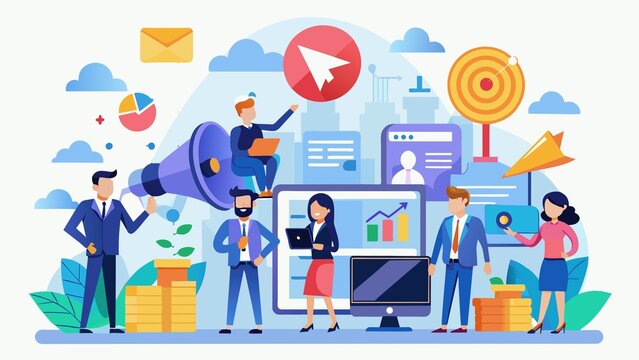 Marketing team with digital advertising tools - Dynamic illustration picturing marketing professionals and digital marketing tools exemplifying entrepreneurial spirit and online advertising