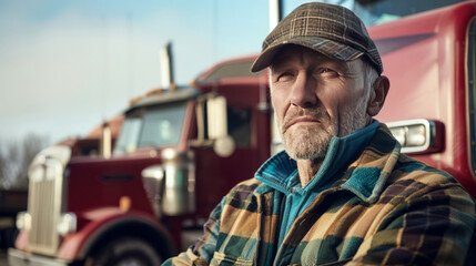 A man wearing a plaid jacket sits in front of a red semi truck - 766199209