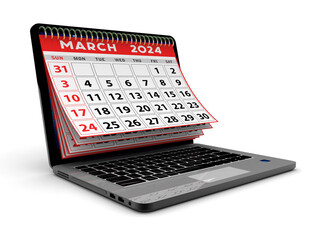 2024 year calendar. March calendar over laptop screen on a white background. March 2024 Spiral Calendar can be used for Stationary, flyer, banner background. 3d render