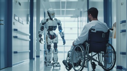 Man in wheelchair walking alongside robot in hallway