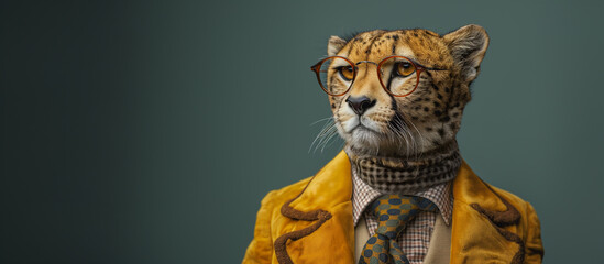 A quirky studio photoshoot featuring a dapper cheetah posing in various whimsical outfits, showcasing its fashionable side - obrazy, fototapety, plakaty