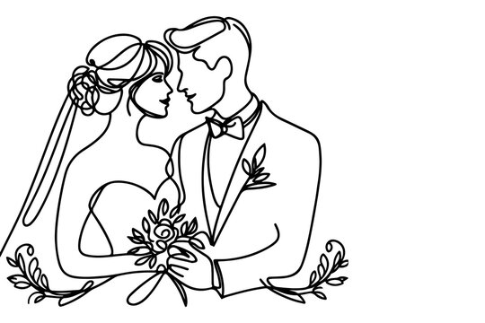 recommend clip art: One continuous single drawing black line art doodle wedding couple bride and groom outlne vector illustration on white background