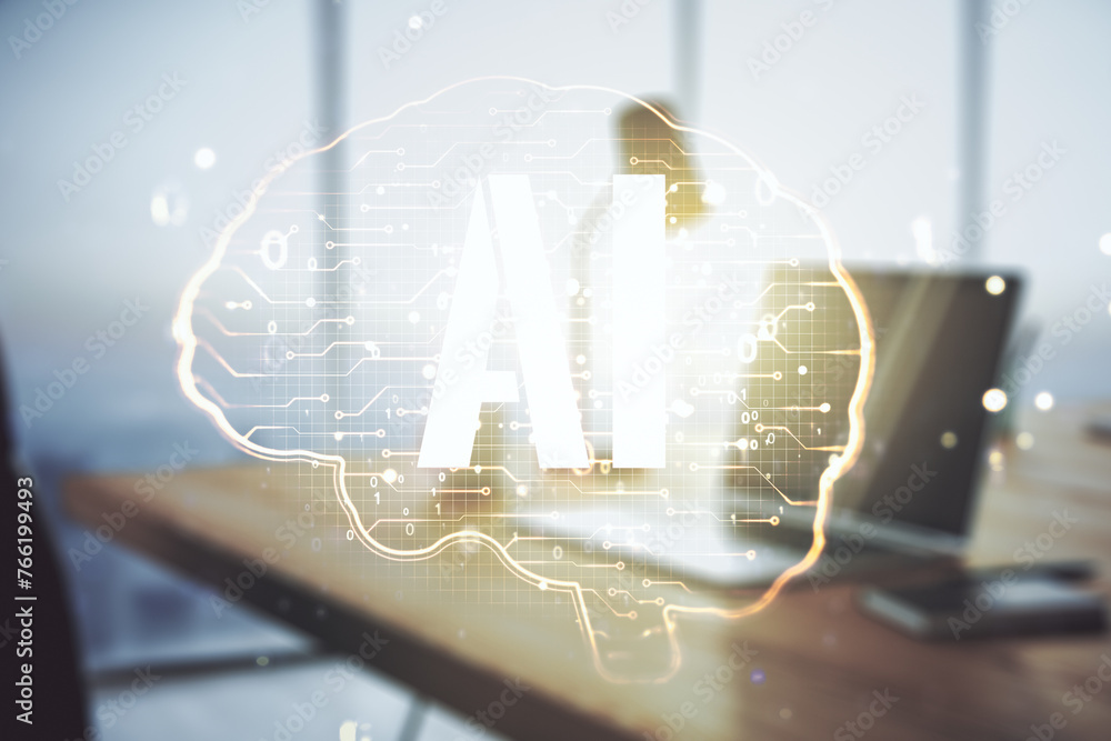 Leinwandbilder double exposure of creative artificial intelligence symbol with modern laptop on background. neural 