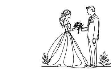 One continuous single drawing black line art doodle wedding couple bride and groom outlne vector illustration on white background