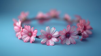  a group of pink flowers sitting on top of a light blue surface with a crown of pink flowers on top of it.
