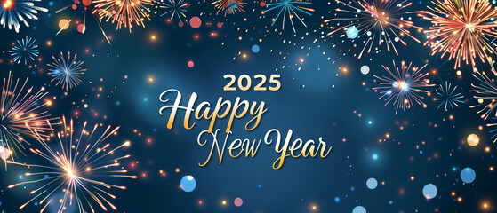 A festive New Year card adorned with colorful fireworks lighting up the night sky, celebrating a fresh start and new beginnings